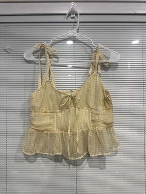 American Eagle Outfitters Yellow Gingham Tie-Shoulder Ruffle Camisole